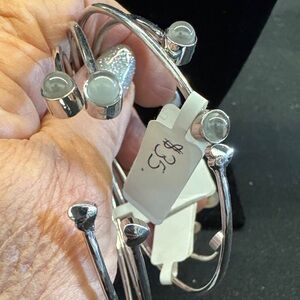 Silver Bangle Bracelets with White Accents